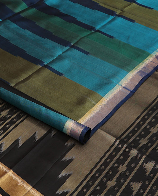 Navy blue big temple motifs pure ikkat saree, bavanji border & contrast pallu of ikkat geometric & temple design