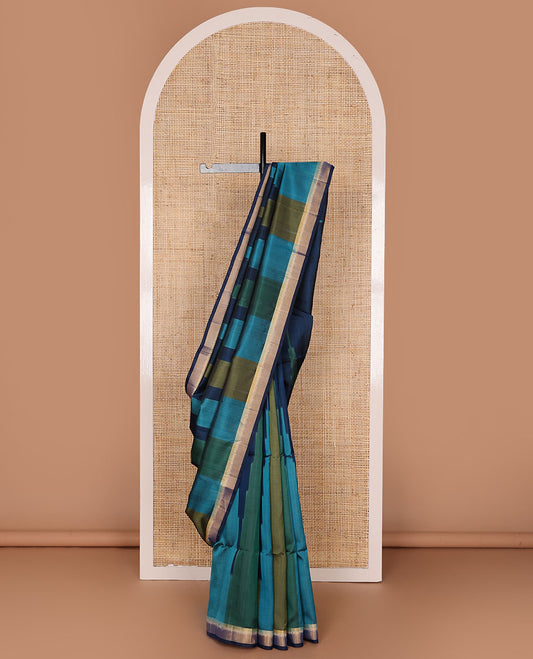 Navy blue big temple motifs pure ikkat saree, bavanji border & contrast pallu of ikkat geometric & temple design