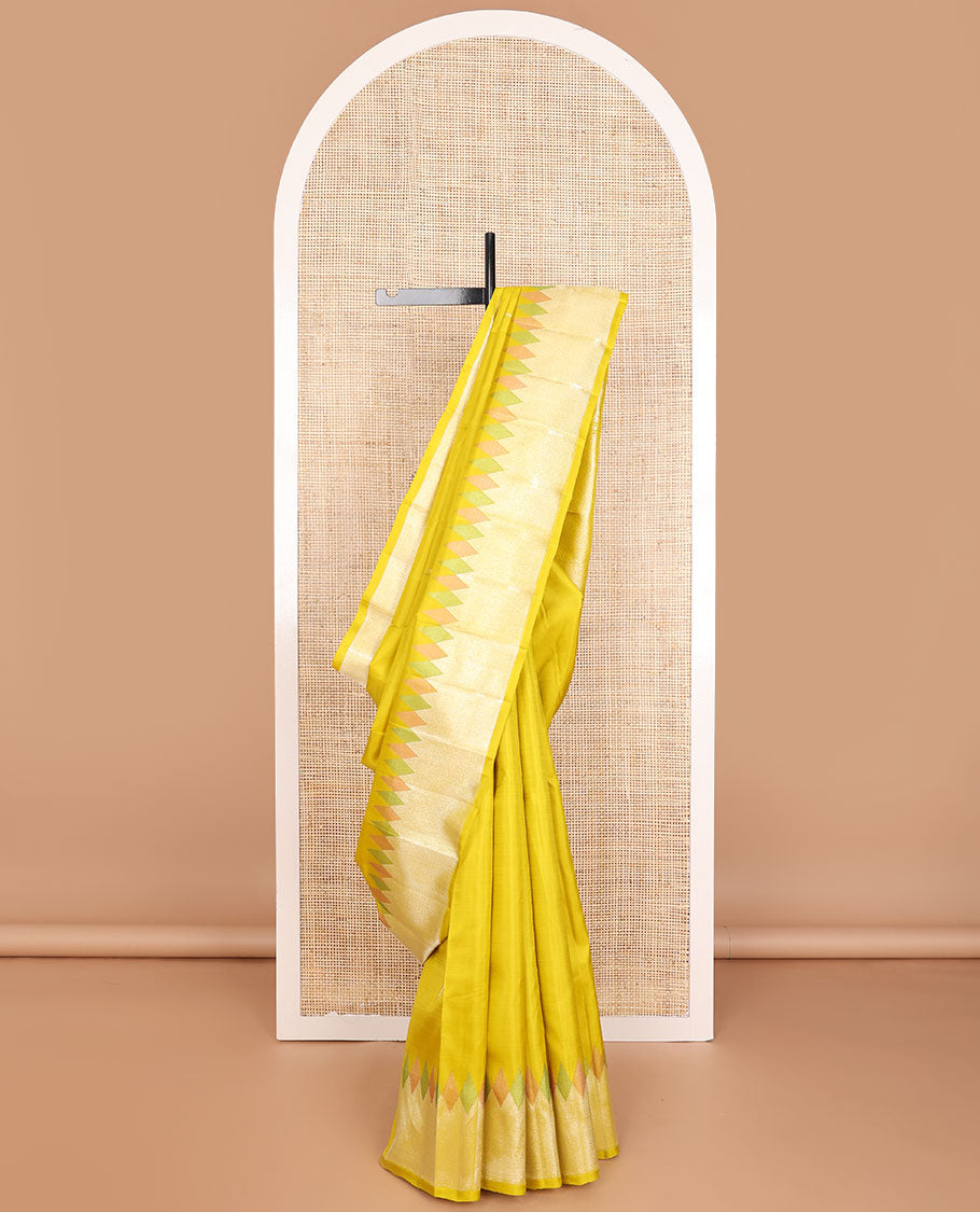 Yellow malli mokku buttas kancheepuram silk saree, meenakari temple zari border & pallu of chakram & jaal designs