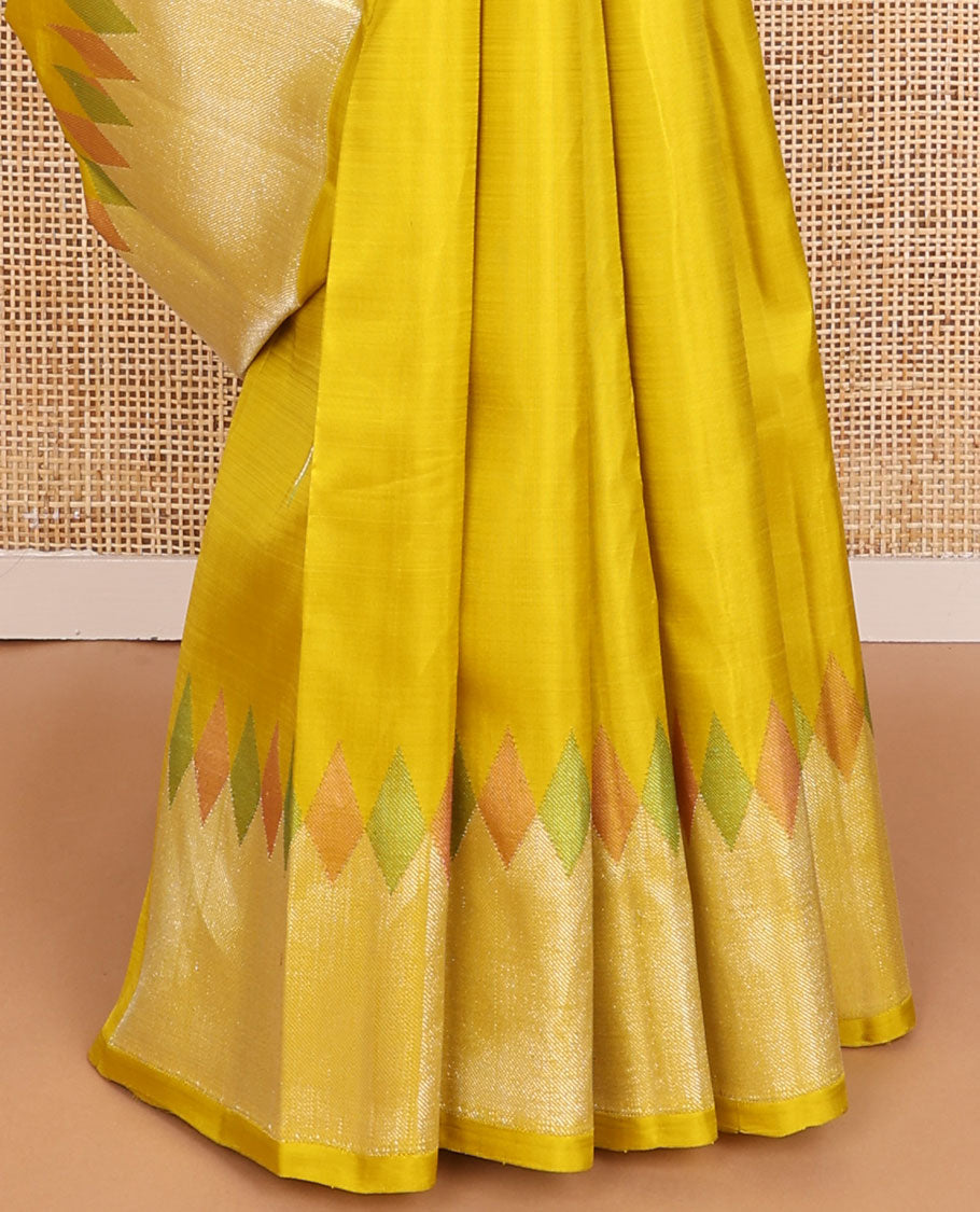 Yellow malli mokku buttas kancheepuram silk saree, meenakari temple zari border & pallu of chakram & jaal designs