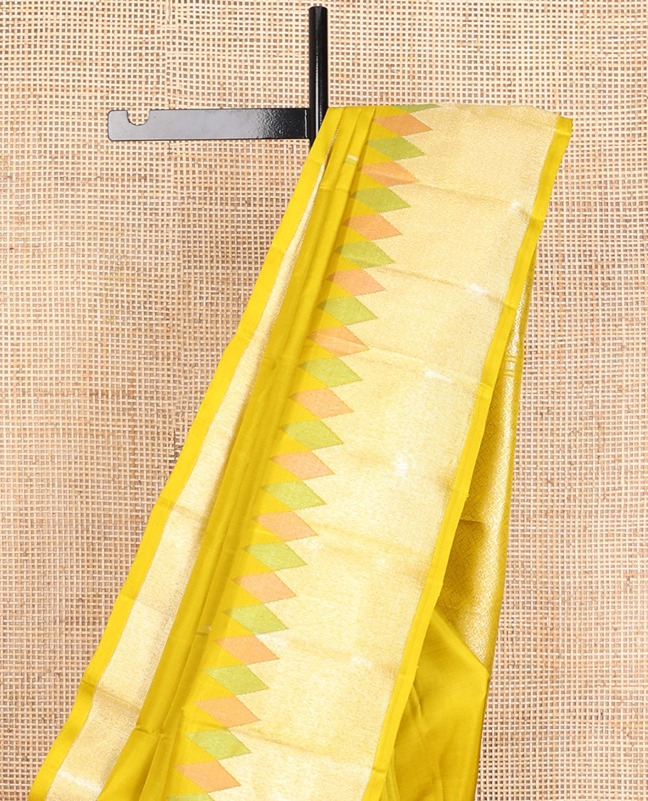 Yellow malli mokku buttas kancheepuram silk saree, meenakari temple zari border & pallu of chakram & jaal designs