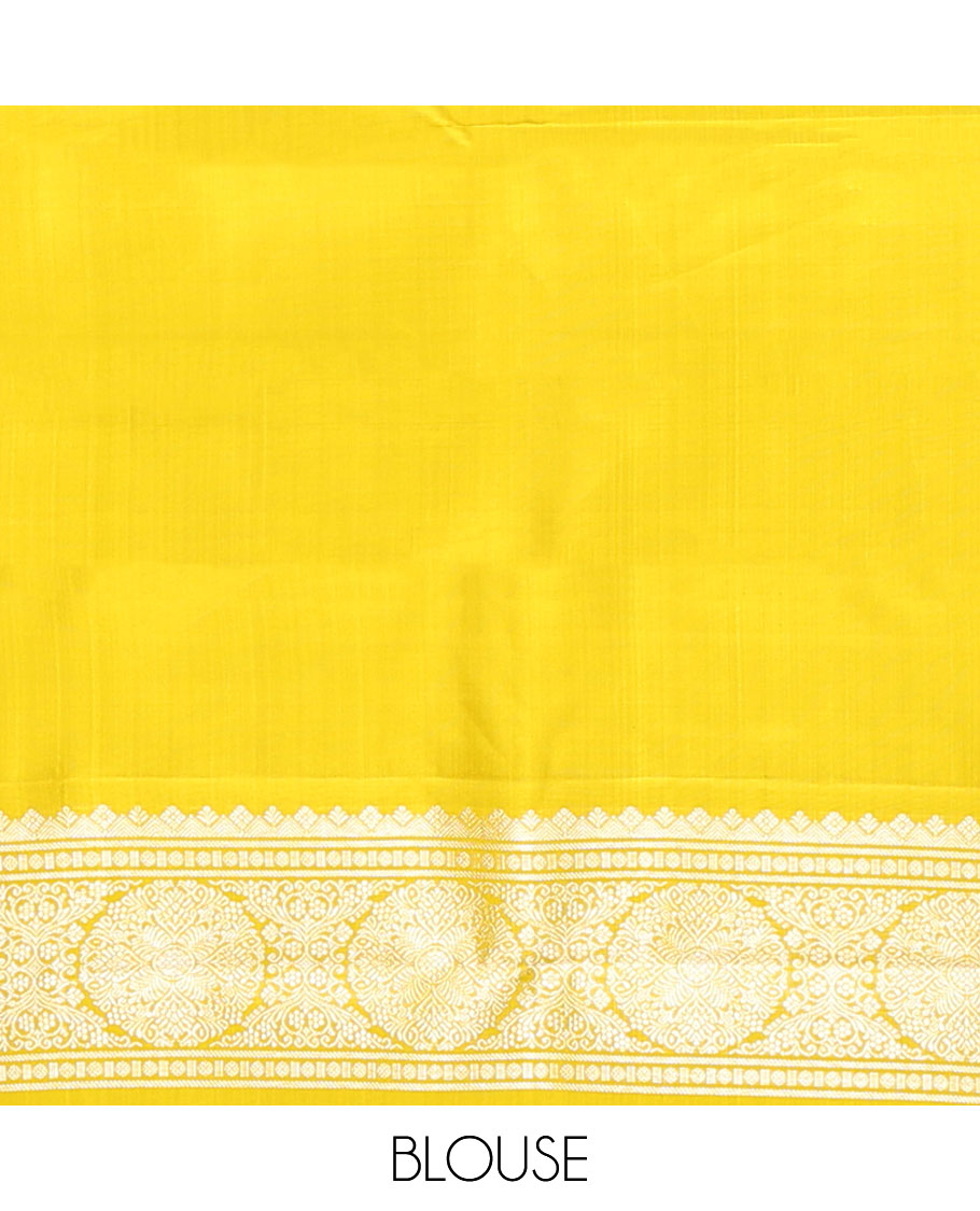 Yellow malli mokku buttas kancheepuram silk saree, meenakari temple zari border & pallu of chakram & jaal designs