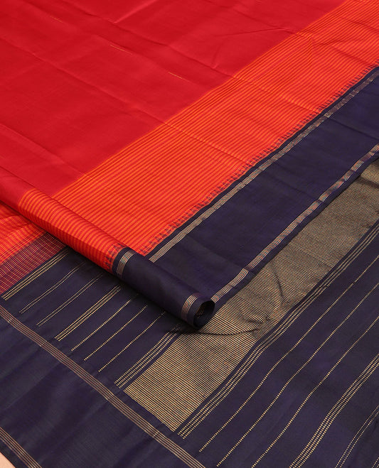 Red malli mokku Kanchipuram silk saree, contrast thazampoo rekku border of stripes, and zari design pallu