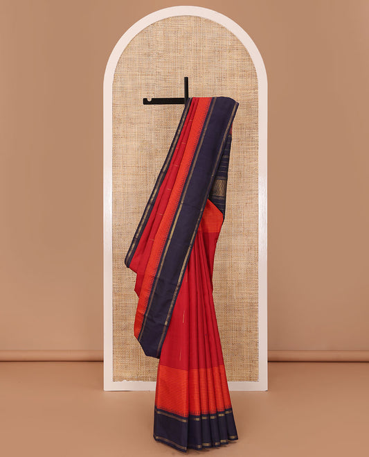 Red malli mokku Kanchipuram silk saree, contrast thazampoo rekku border of stripes, and zari design pallu