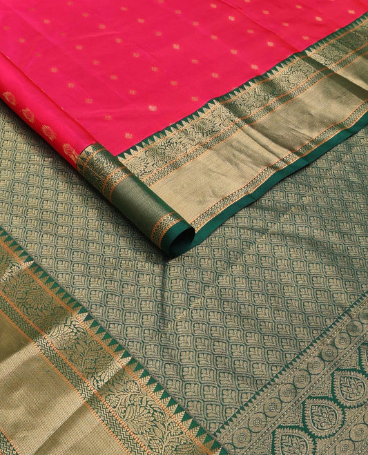 Red zari buttas silk saree, contrast border of rekku,muthu, kodi visiry & vanki, & scallop pallu