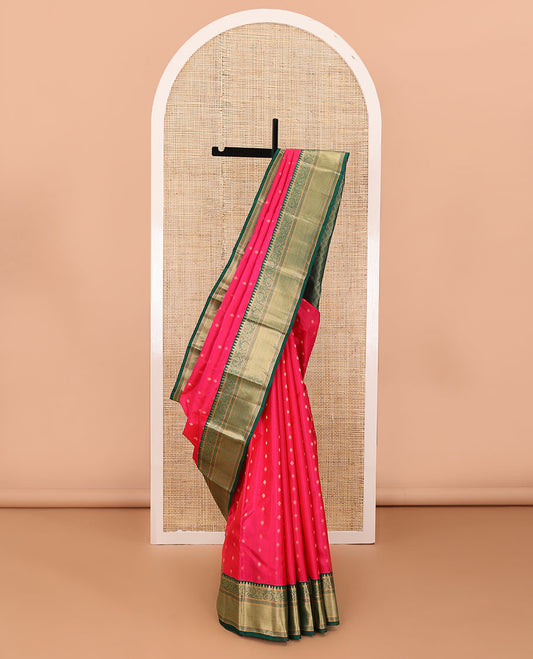 Red zari buttas silk saree, contrast border of rekku,muthu, kodi visiry & vanki, & scallop pallu