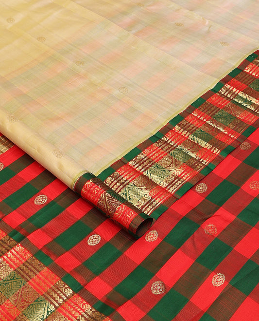 Sandal zari buttas Kanchipuram silk saree, contrast korvai one-sided border of neli,banaras & jadai nagam & chakram motifs checked pallu