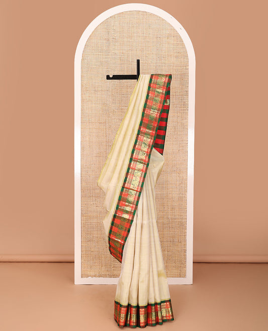 Sandal zari buttas Kanchipuram silk saree, contrast korvai one-sided border of neli,banaras & jadai nagam & chakram motifs checked pallu