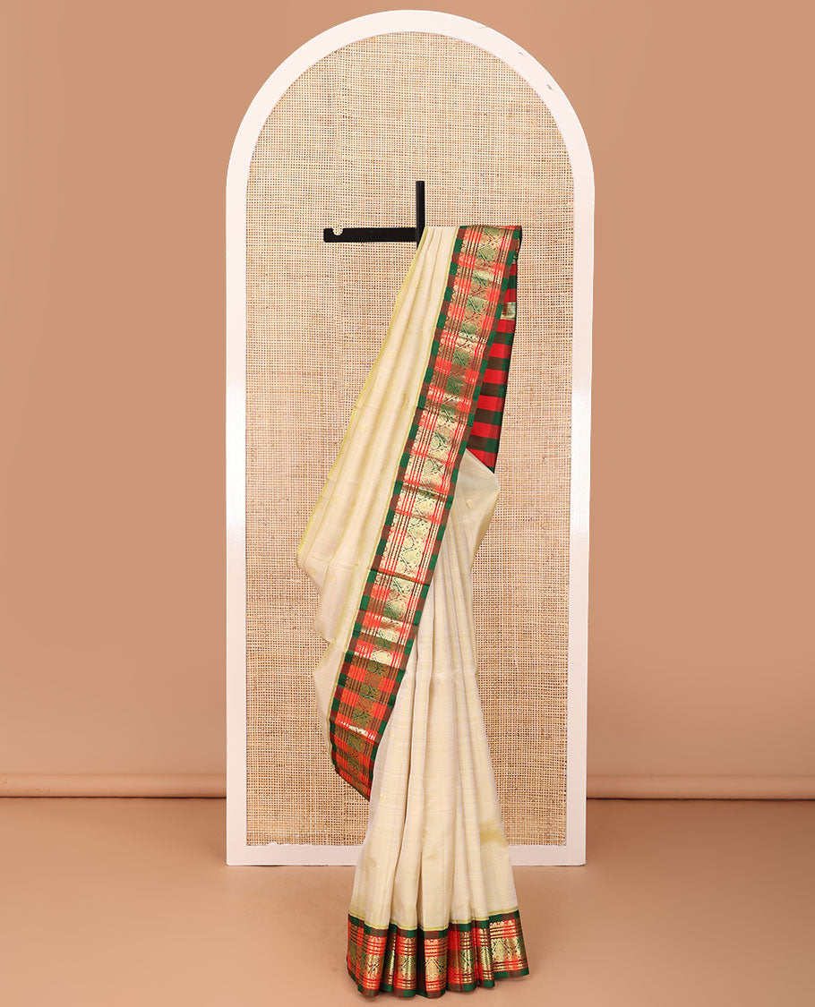 Sandal zari buttas Kanchipuram silk saree, contrast korvai one-sided border of neli,banaras & jadai nagam & chakram motifs checked pallu
