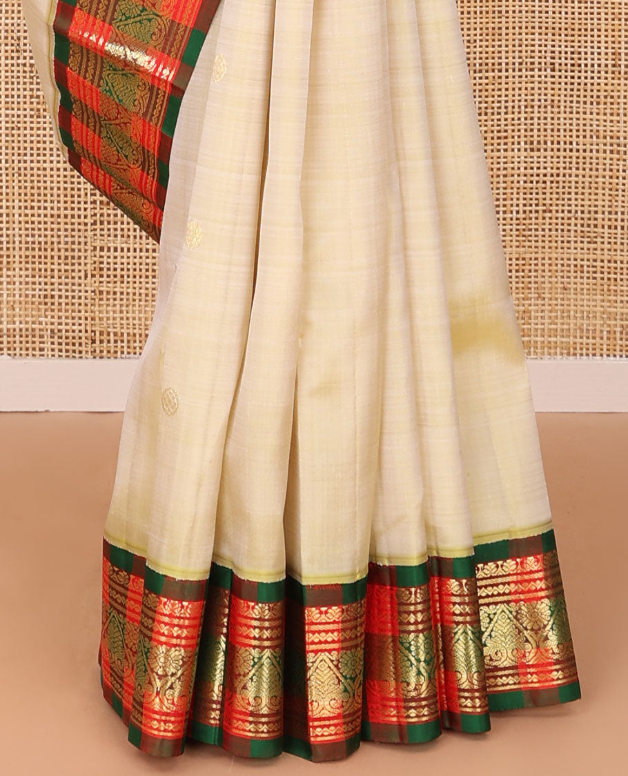 Sandal zari buttas Kanchipuram silk saree, contrast korvai one-sided border of neli,banaras & jadai nagam & chakram motifs checked pallu