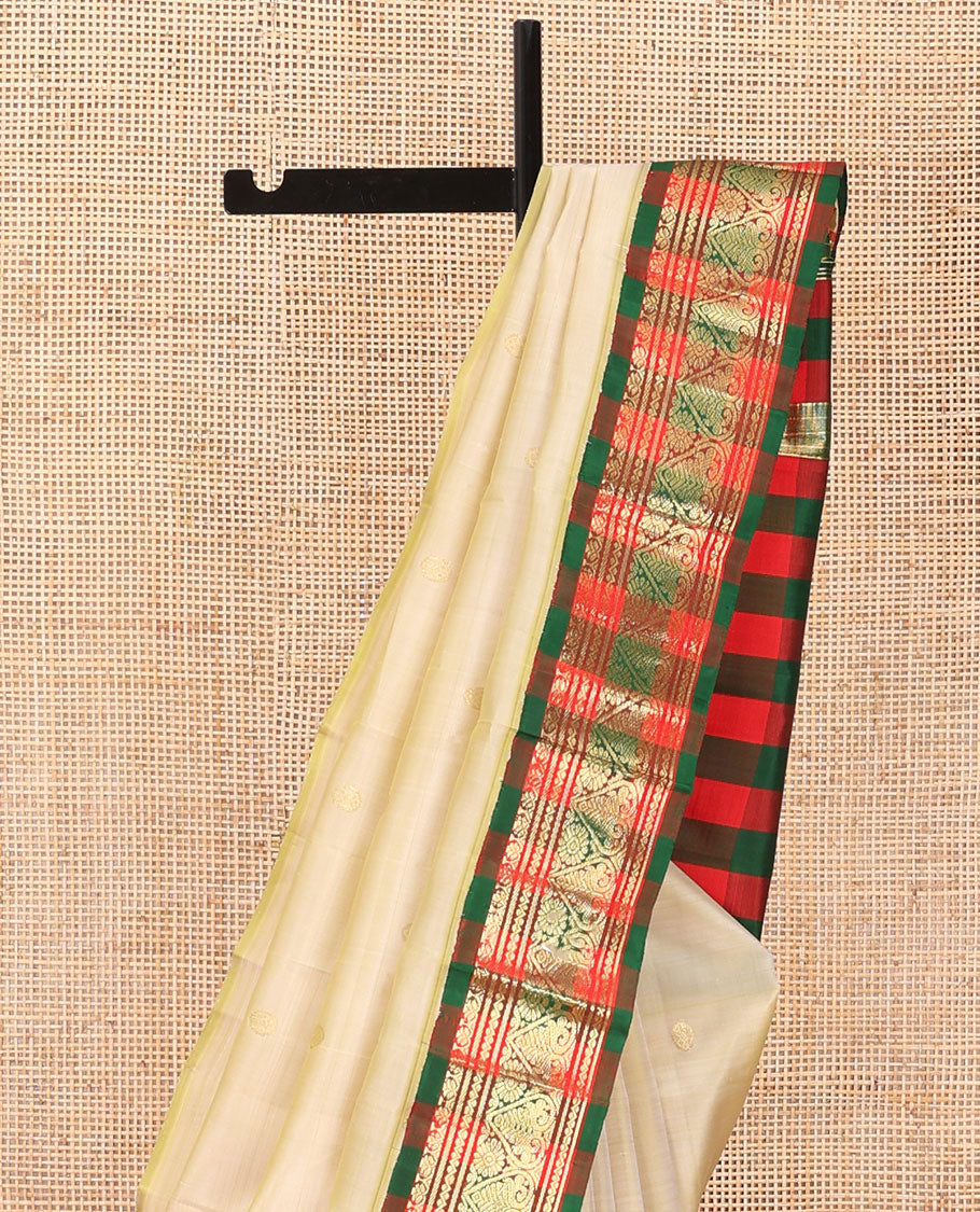 Sandal zari buttas Kanchipuram silk saree, contrast korvai one-sided border of neli,banaras & jadai nagam & chakram motifs checked pallu