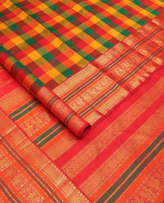 Multi-color paalum pazhamum checked Kanchipuram silk saree, contrast border of manga mokku,neli,mayil kann,kathir, rudraksham, and mayil, and zari pallu