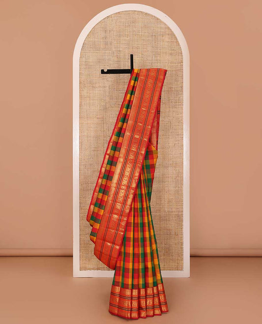 Multi-color paalum pazhamum checked Kanchipuram silk saree, contrast border of manga mokku,neli,mayil kann,kathir, rudraksham, and mayil, and zari pallu
