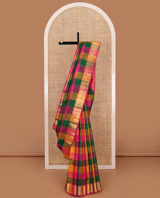 Multi-color palum pazahamum zari checked kanchipuram silk saree, zari border of thilakam, muthu, kathir, and jaal designs, and pallu of diagonal zari designs