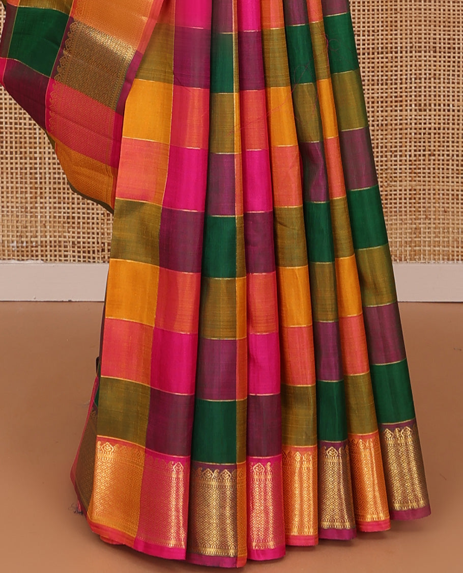 Multi-color palum pazahamum zari checked kanchipuram silk saree, zari border of thilakam, muthu, kathir, and jaal designs, and pallu of diagonal zari designs