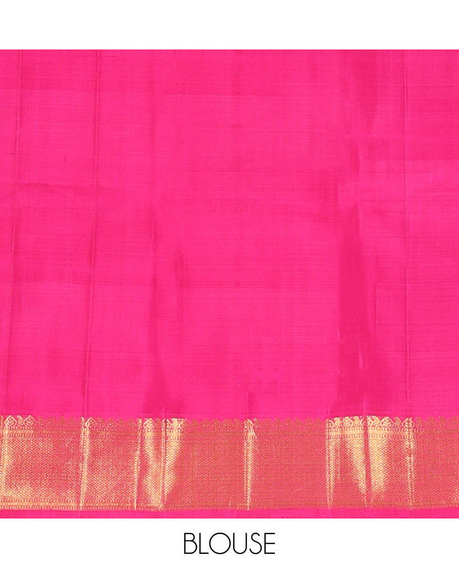 Multi-color palum pazahamum zari checked kanchipuram silk saree, zari border of thilakam, muthu, kathir, and jaal designs, and pallu of diagonal zari designs
