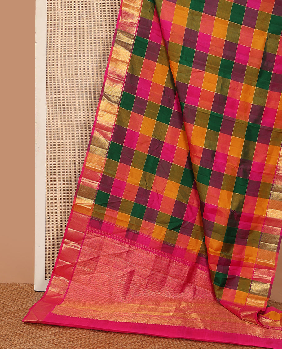 Multi-color palum pazahamum zari checked kanchipuram silk saree, zari border of thilakam, muthu, kathir, and jaal designs, and pallu of diagonal zari designs
