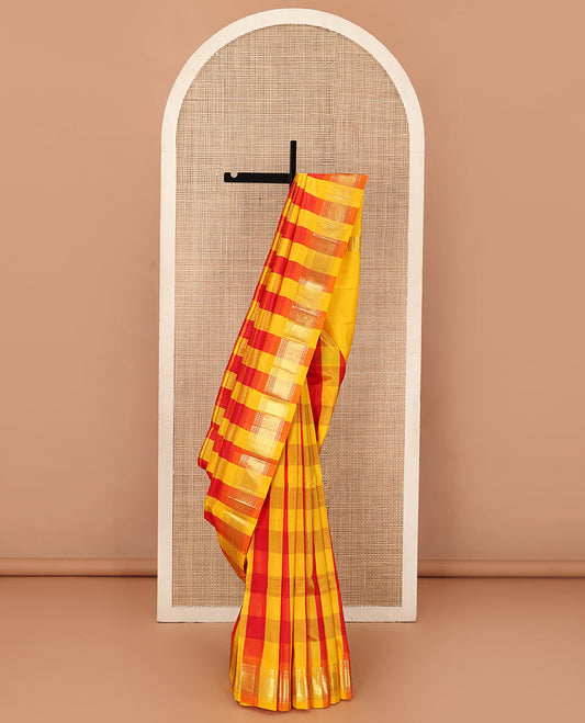 Multi-color checked with zari buttas Kanchipuram silk saree, one-sided border of panner sombu, muthu, and mayil kann designs, and zari design pallu