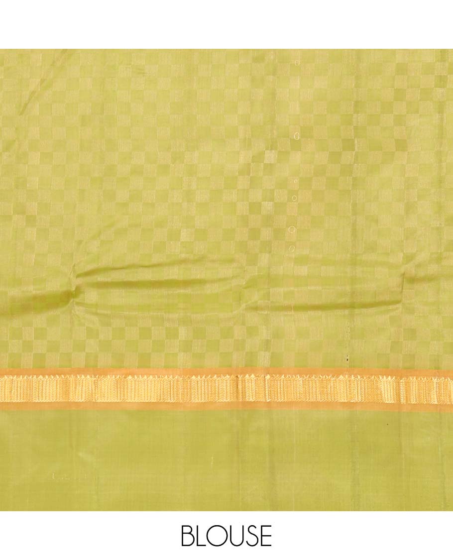Sandal payadi kattam Kanchipuram silk saree, contrast kaal erangina border of rekku, and vanki designs, and zari striped pallu