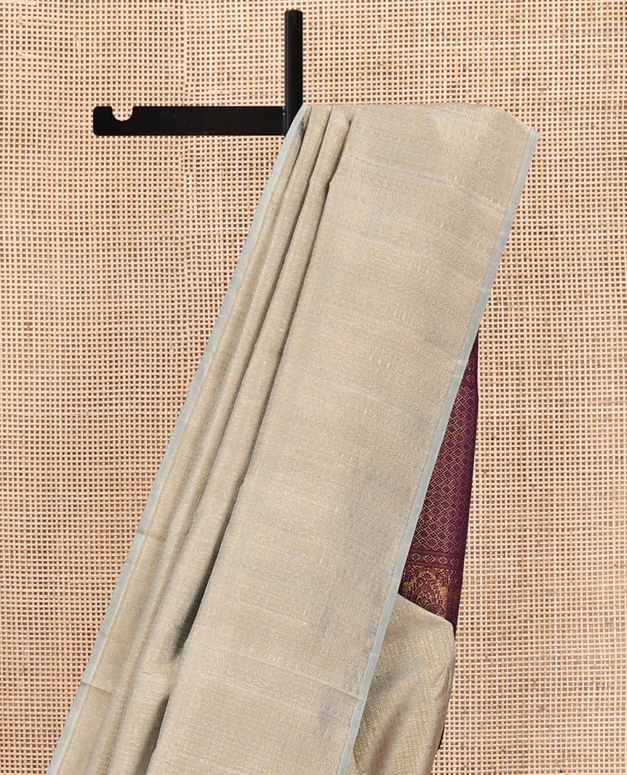 Borderless Grey Kanchipuram Designer Silk Saree, Subtly Steeped with Traditional Designs All Over Its Body, Complemented by Captivating Contrast Pallu of Jaal Designs, and Paired with a Contrast Blouse