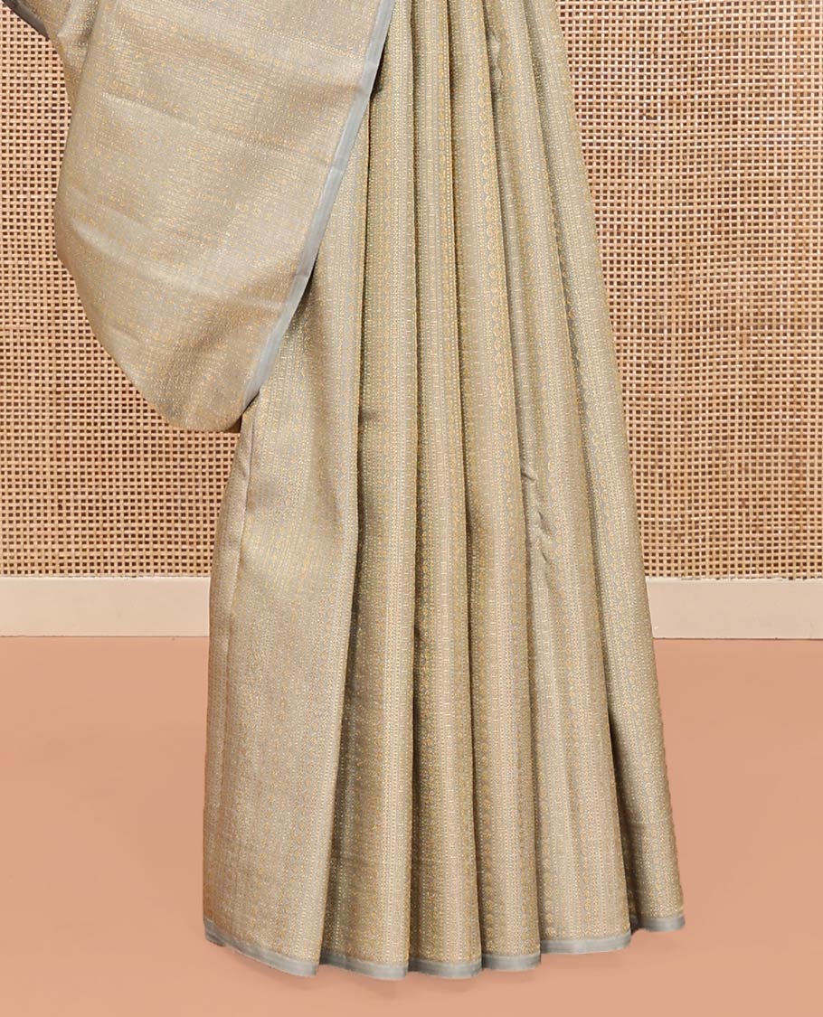 Borderless Grey Kanchipuram Designer Silk Saree, Subtly Steeped with Traditional Designs All Over Its Body, Complemented by Captivating Contrast Pallu of Jaal Designs, and Paired with a Contrast Blouse