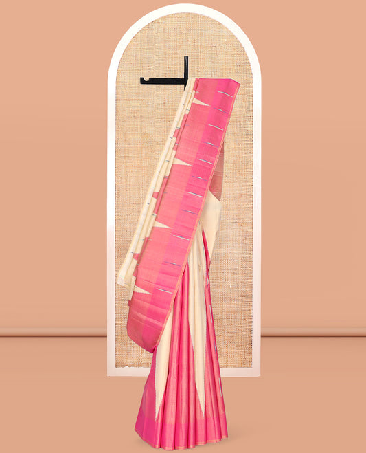 Sandal Kanchipuram Designer Silk Saree, Sparsely Threaded with Buttas, Complemented by a Contrast Temple Border, Striped Pallu, and Contrast Blouse