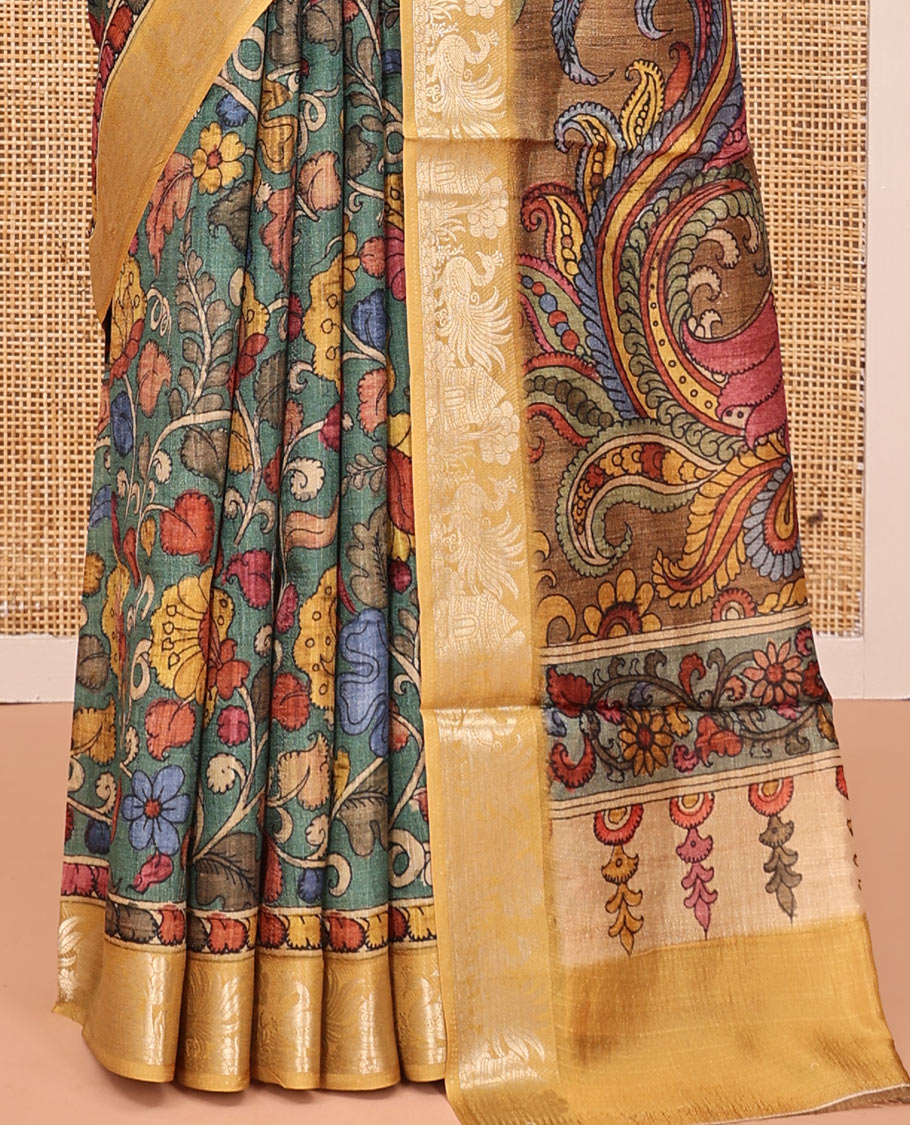 Green Kalamkari Saree, Beautified with Floral Vine Print, Complemented by Contrast Zari Border, Pallu of Flora-Fauna Print, and a Contrast Blouse