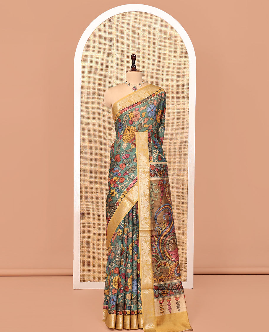 Green Kalamkari Saree, Beautified with Floral Vine Print, Complemented by Contrast Zari Border, Pallu of Flora-Fauna Print, and a Contrast Blouse