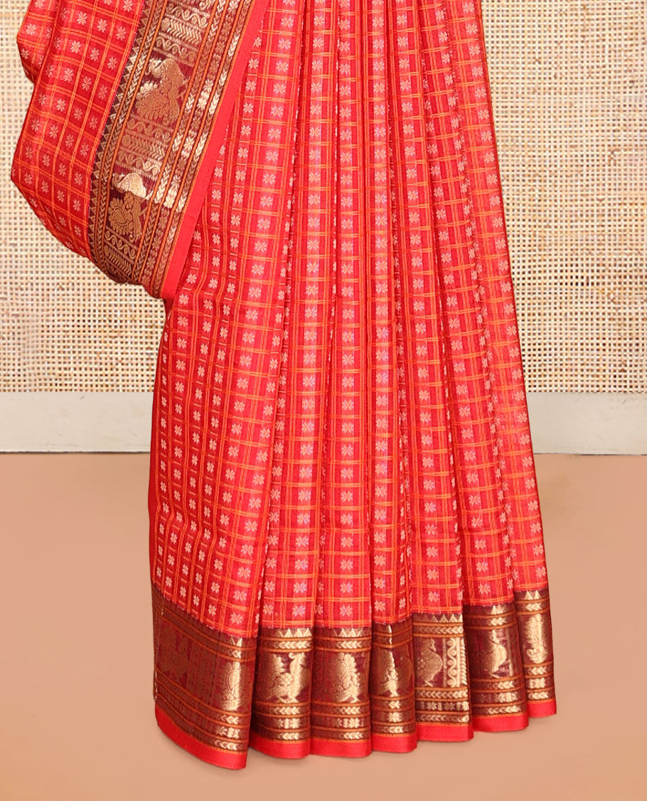 Red Buttas-Checks Kuppadam Silk Saree, a Semi-Contrast Traditional Peacock Border, Grand Pallu, a Matching Blouse