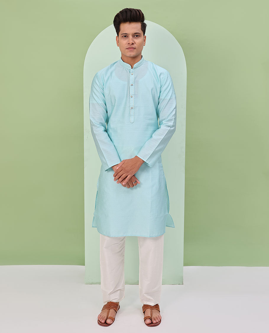 Baby blue embossed design full-sleeved kurta