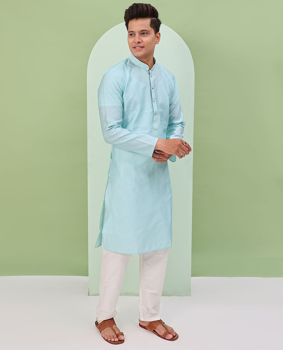 Baby blue embossed design full-sleeved kurta