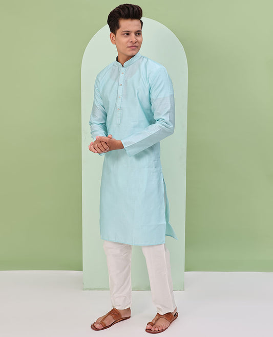 Baby blue embossed design full-sleeved kurta