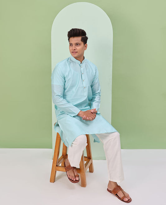 Baby blue embossed design full-sleeved kurta