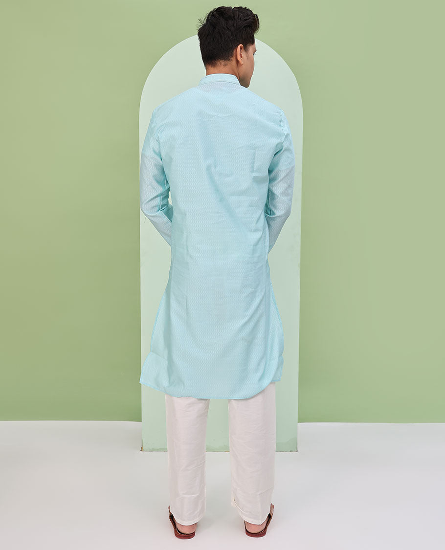 Baby blue embossed design full-sleeved kurta