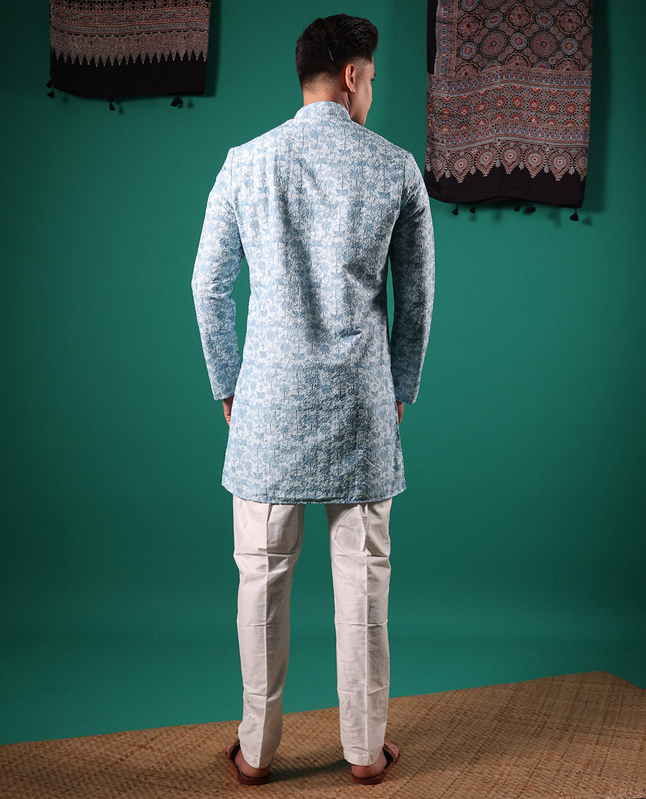 Baby blue crushed textured with tropical floral printed full-sleeved men's kurta