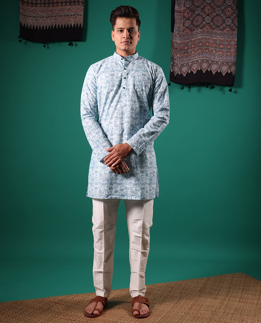 Baby blue crushed textured with tropical floral printed full-sleeved men's kurta