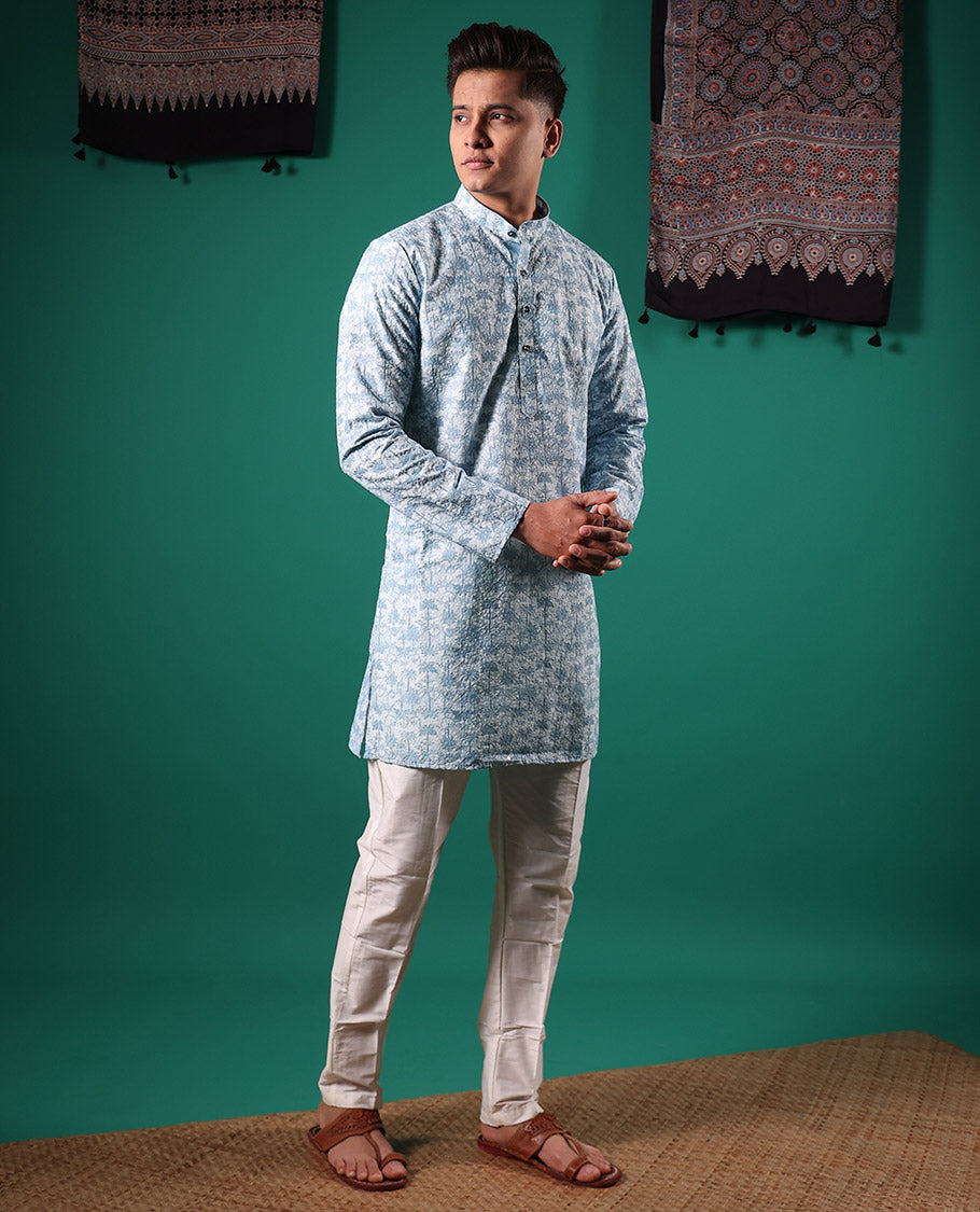 Baby blue crushed textured with tropical floral printed full-sleeved men's kurta
