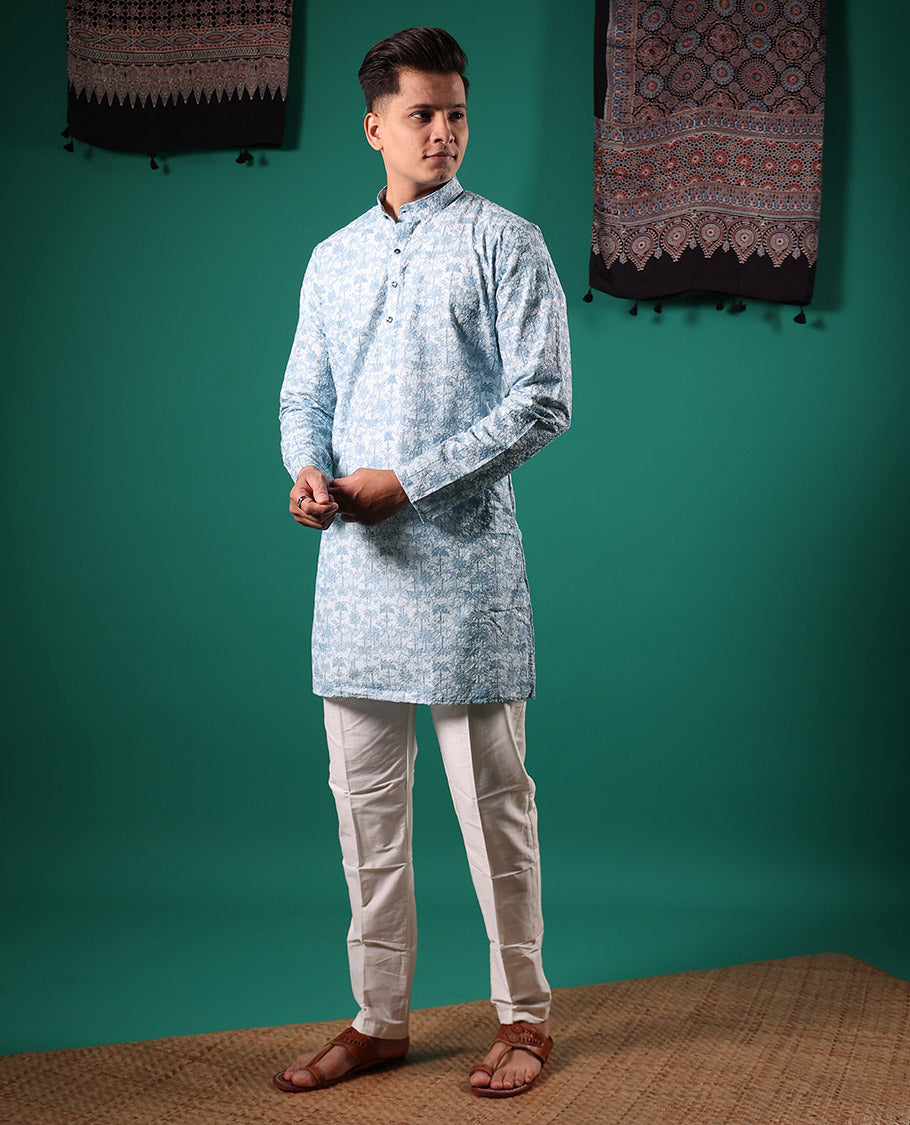Baby blue crushed textured with tropical floral printed full-sleeved men's kurta
