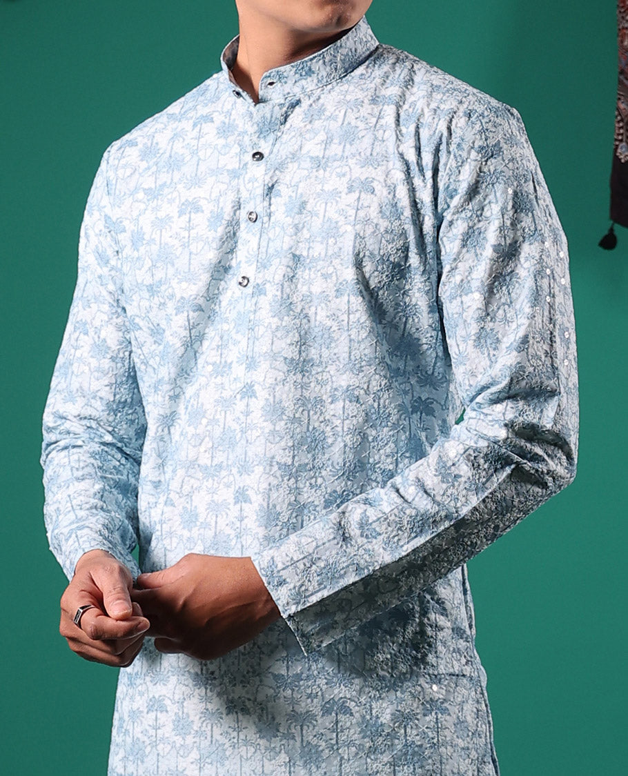 Baby blue crushed textured with tropical floral printed full-sleeved men's kurta
