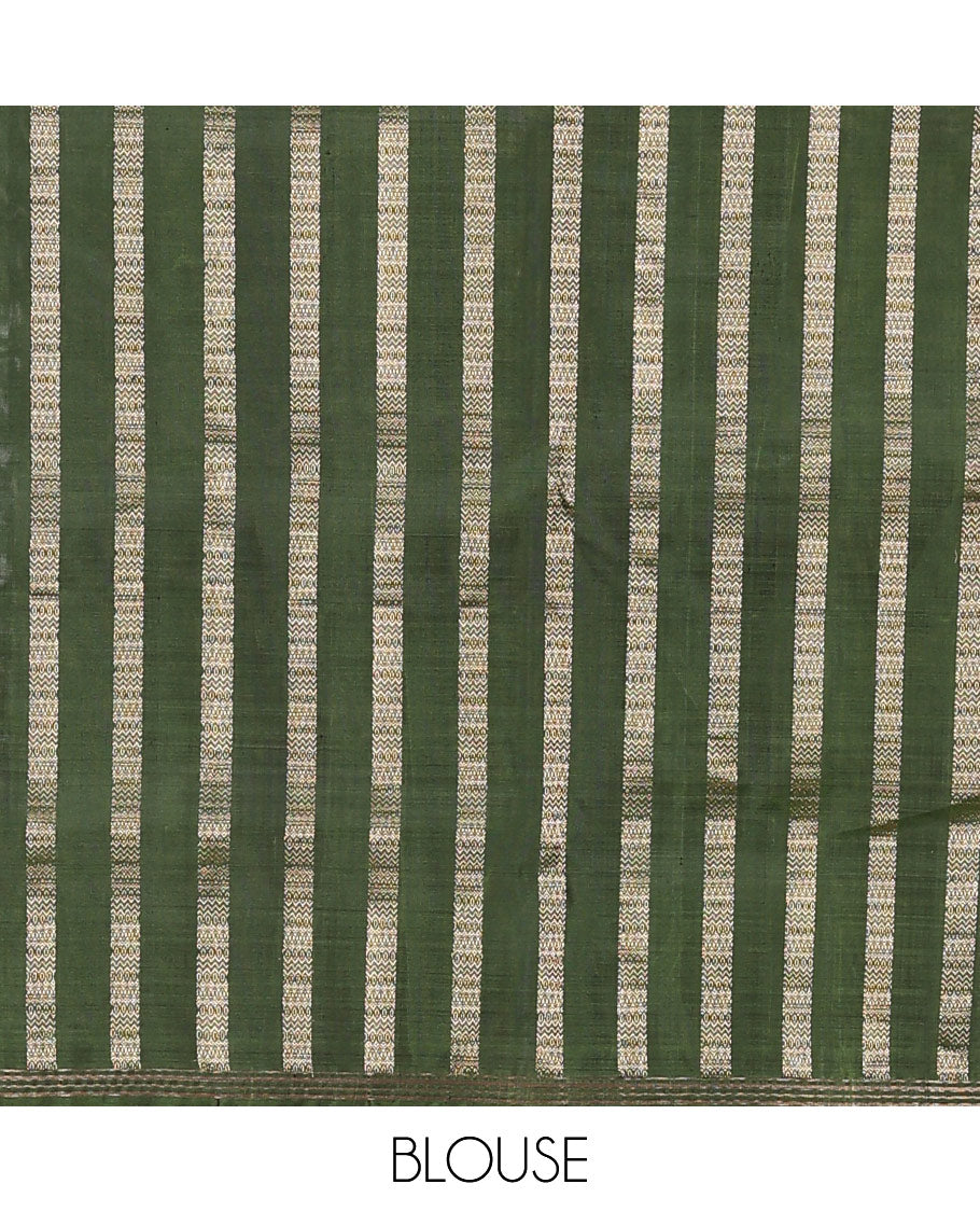 Green pichwai cow motifs soft silk saree, zari piping border, and pallu of geometric designs