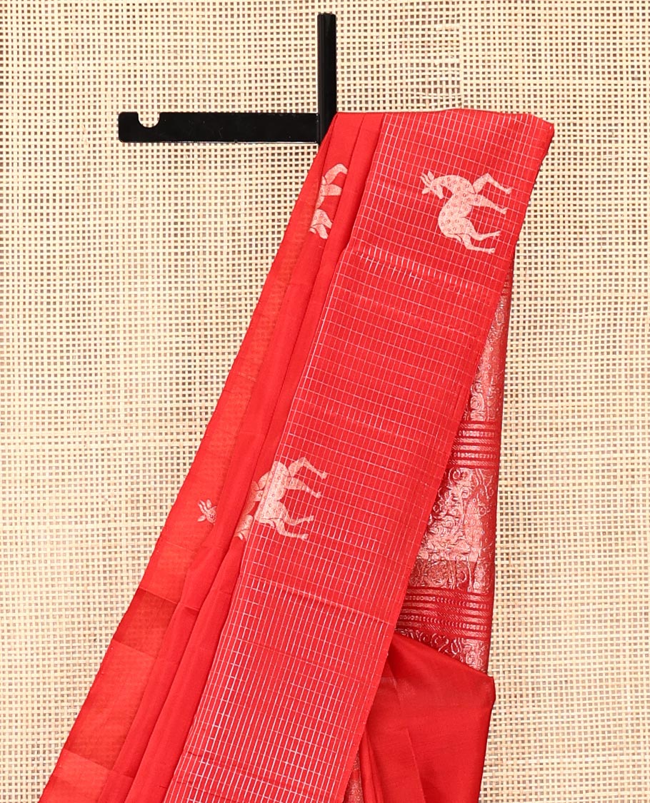 Red Mayuri Soft Silk Saree, Spotlighted with Maan Buttas All Over Its Body, Sparkling Zari Border of Checks and Maan Buttas, Sparsely Woven Pallu, and Paired with a Matching Blouse