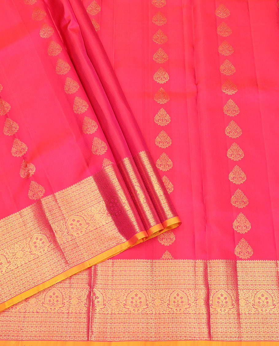 Pink Pure Silk Pavadai Material, Mesmerized with Zari Buttas on Its Skirt, a Contrast Traditional Zari Border, and a Contrast Blouse