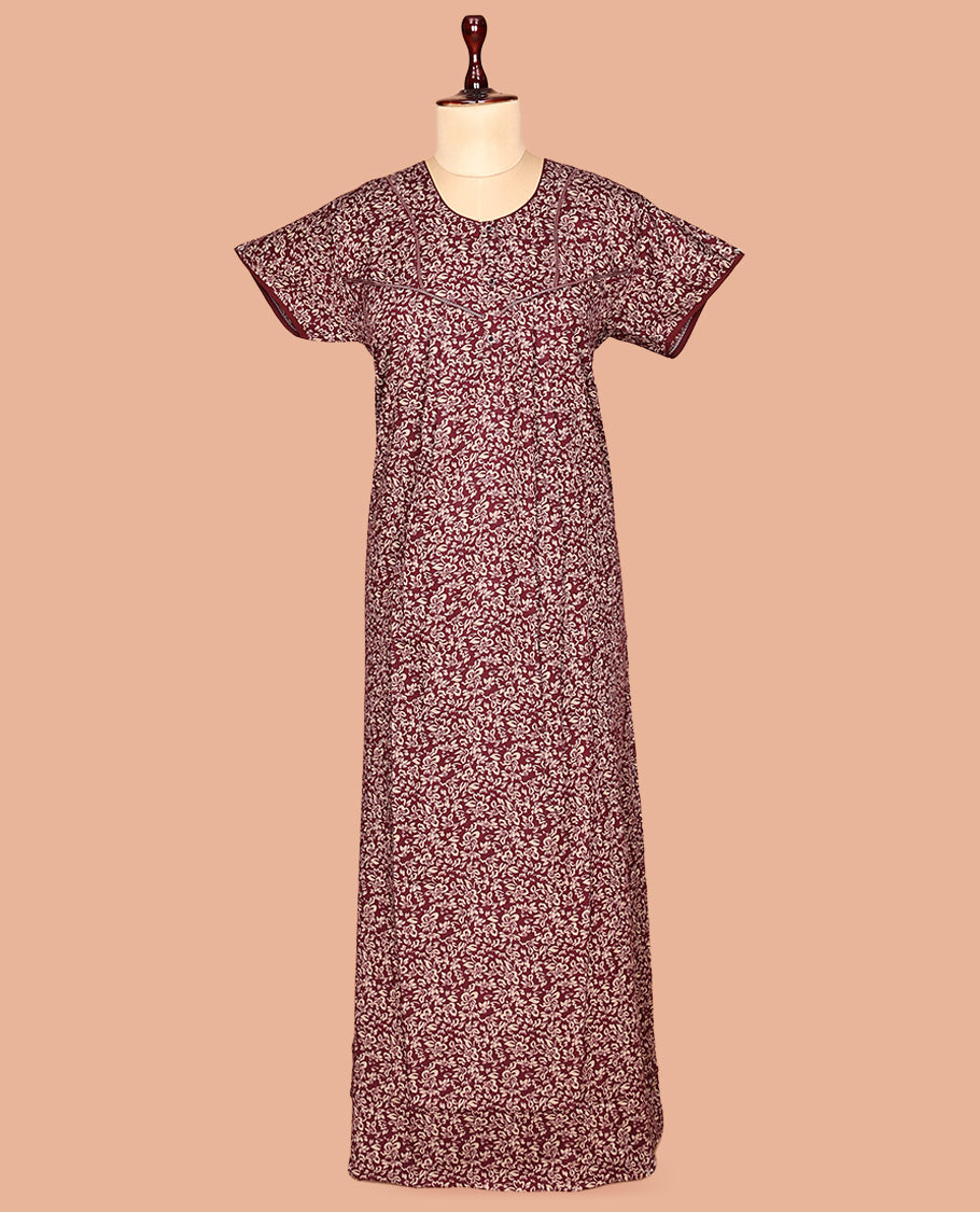 Brown Round Neck Cotton-Blended Nighty