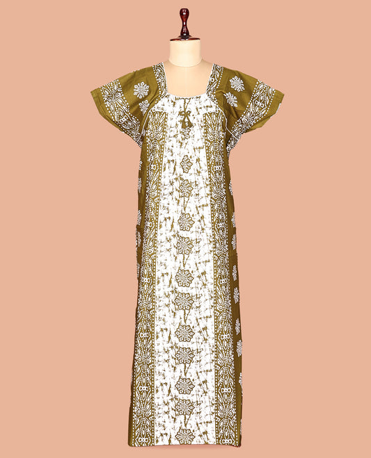 Green-White Cotton-Blended Nighty