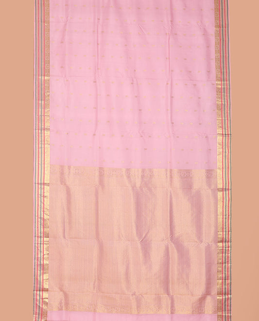 Pink nine-yard silksaree with zari buttas,zari border of rekku,mayil chakram,mayil kann,banaras & neli & intricate pallu