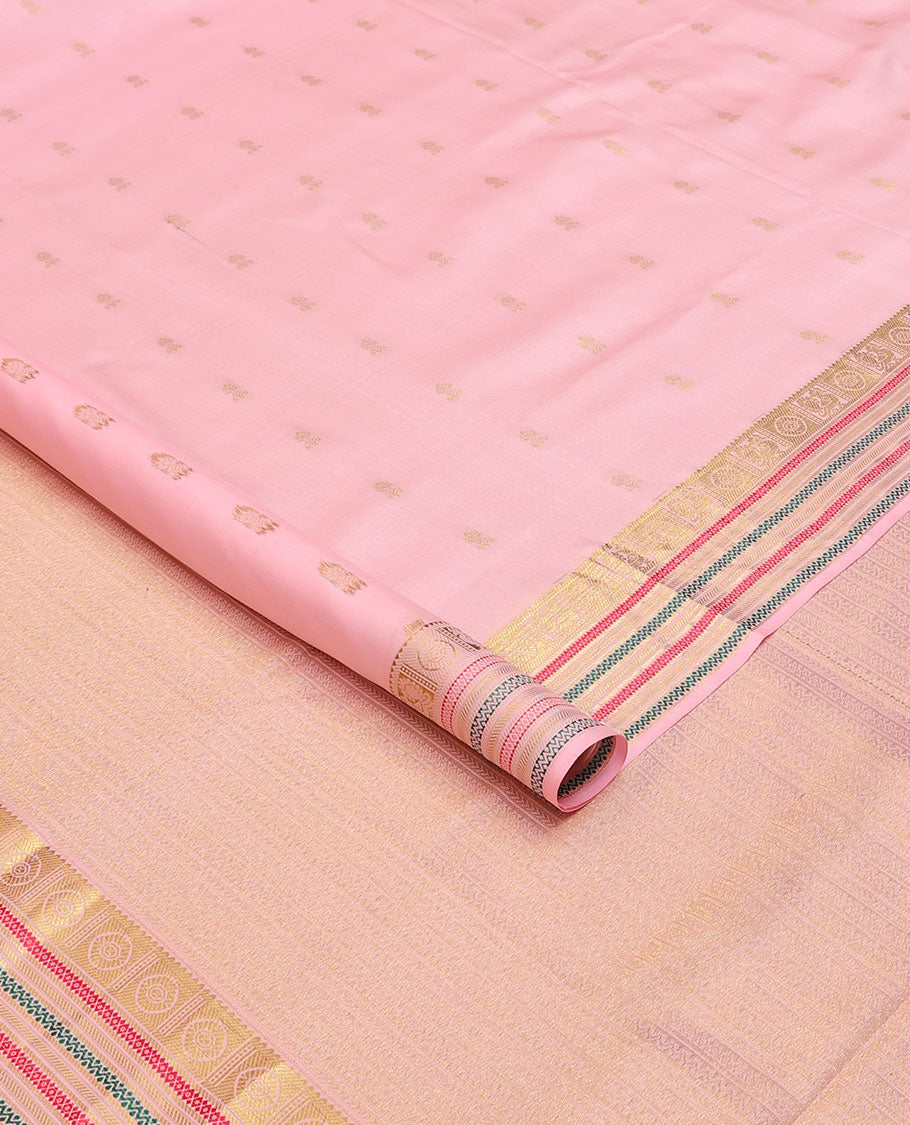 Pink nine-yard silksaree with zari buttas,zari border of rekku,mayil chakram,mayil kann,banaras & neli & intricate pallu