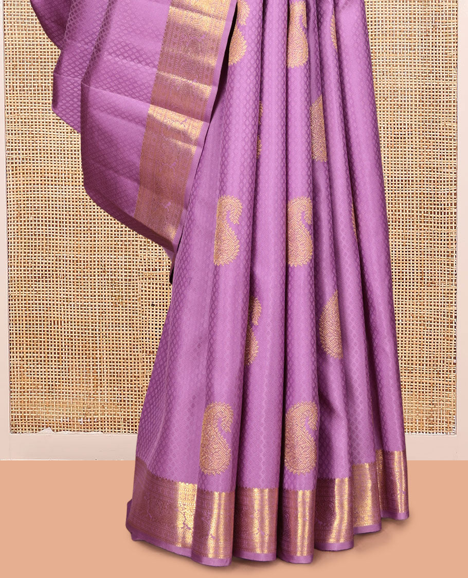 Light Purple Parampara Silk Saree, Embellished with Embossed and Zari Buttas, a Zari Border of Thilakam, Muthu, Banaras, Poun, and Mayil Designs, Mayil Kann Pallu, and a Matching Blouse