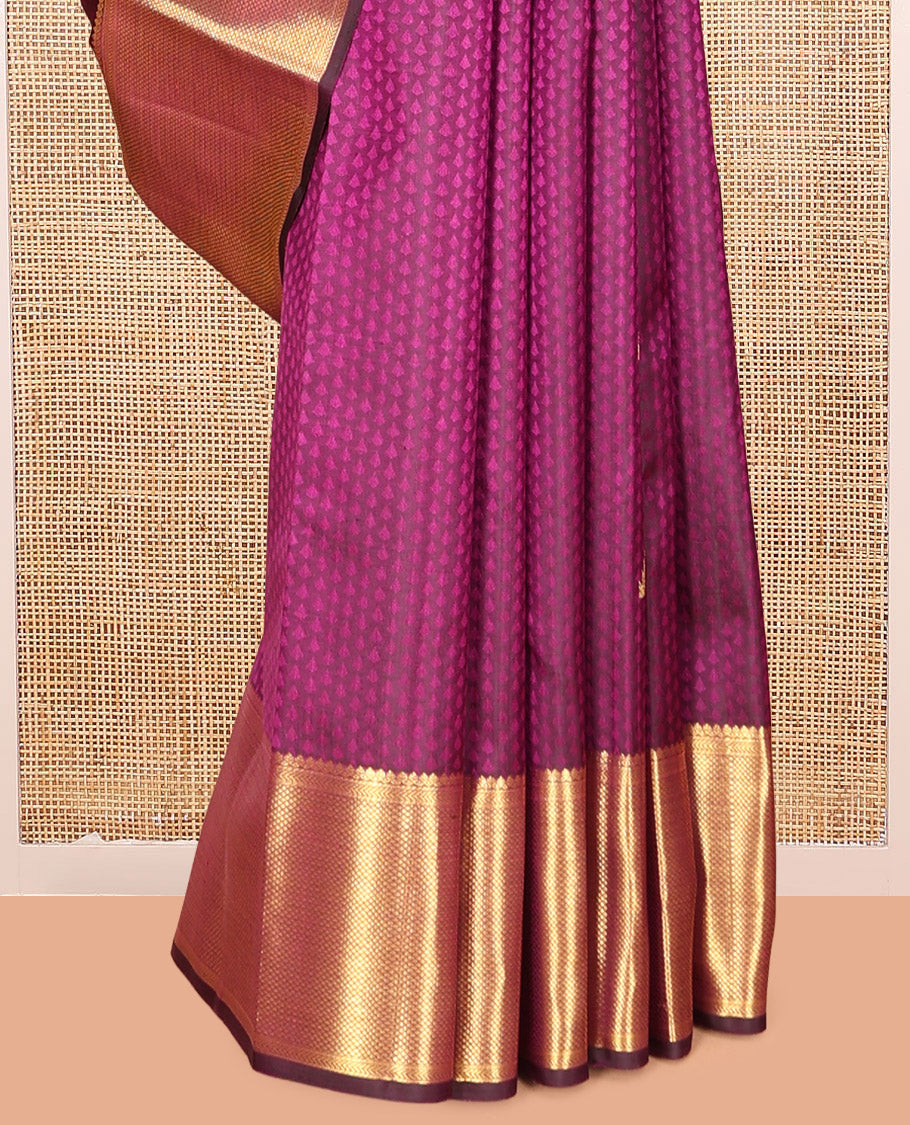 Purple Embossed Parambara Silk Saree, Accentuated with Thazampoo Rekku Buttas, a Zari Border of Thilakam Mokku, Kathir, and Kuyil Kann Designs, Pallu of Floral Design, and Matching Blouse