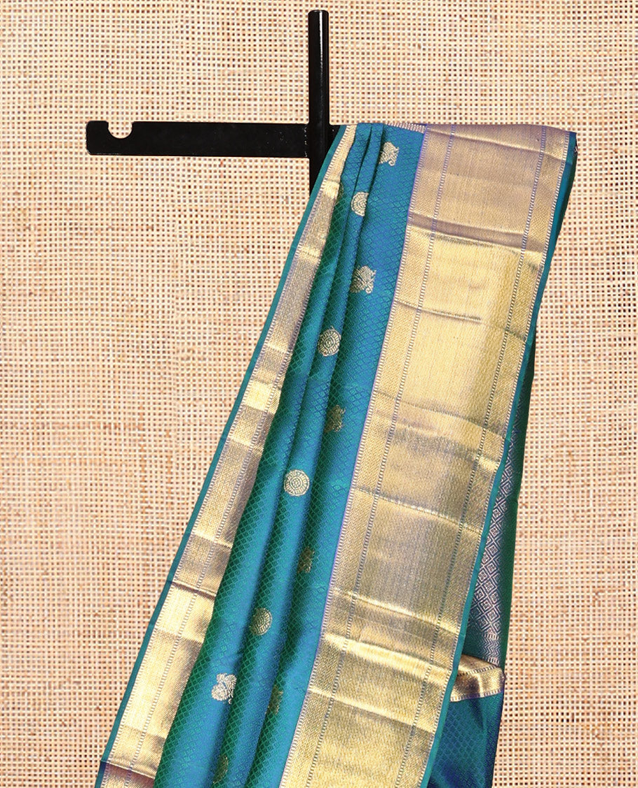 Blue Embossed-Mayil Chakram Buttas Kanchipuram Silk Saree, a Zari Border, Grand Pallu, Matching Blouse