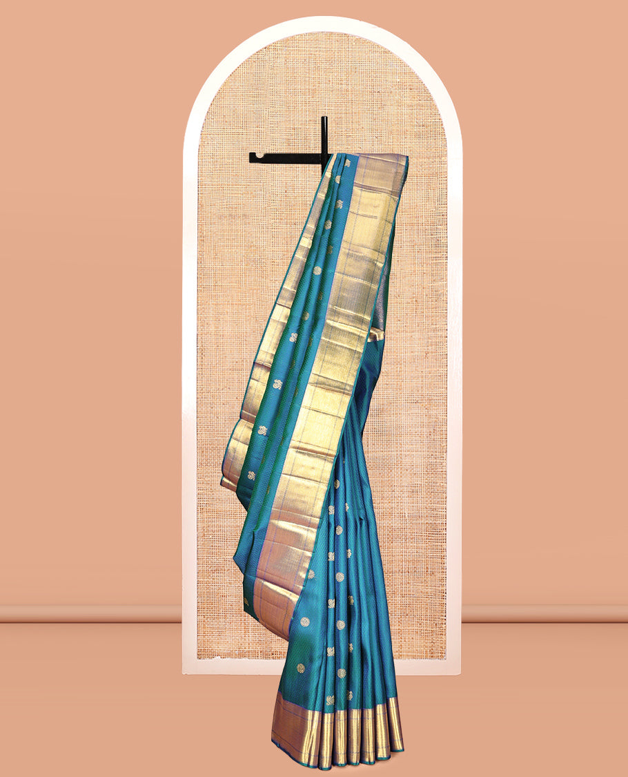 Blue Embossed-Mayil Chakram Buttas Kanchipuram Silk Saree, a Zari Border, Grand Pallu, Matching Blouse